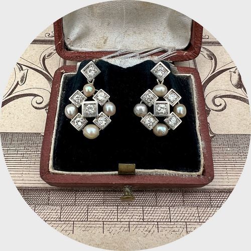 Pearl & Diamond Lozenge Drop Earrings