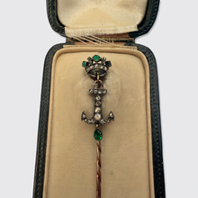 Load image into Gallery viewer, Antique Emerald &amp; Diamond Crowned Anchor Stickpin in Box, René Bouvet