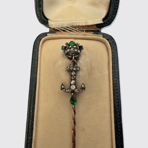 Antique Emerald & Diamond Crowned Anchor Stickpin in Box, René Bouvet