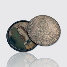 Load image into Gallery viewer, 17th Century Miniature Portrait with Mica Overlays in Screw-On Thaler