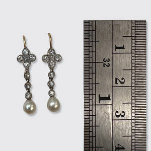 Small Diamond & Pearl Clover Drop Earrings