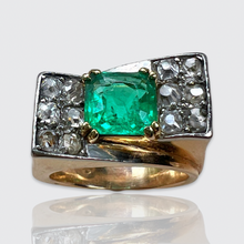 Load image into Gallery viewer, Retro Ring set with a Certified Columbian Emerald &amp; Diamonds