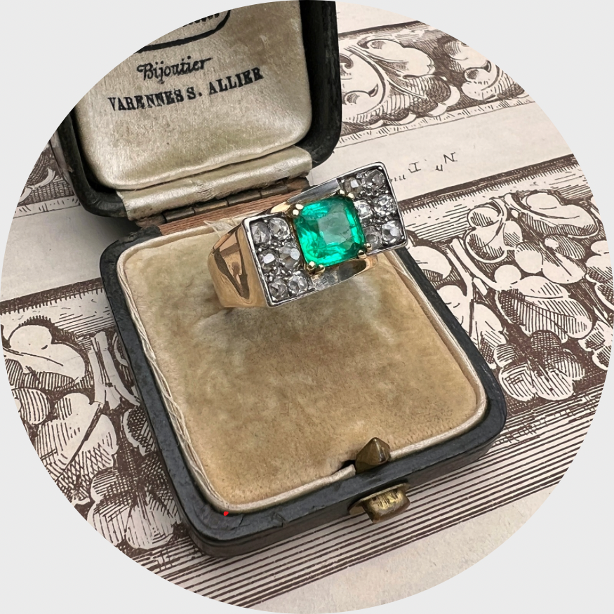 Retro Ring set with a Certified Columbian Emerald & Diamonds