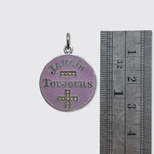 Load image into Gallery viewer, Antique Silver Enameled 'Jamais Moins Toujours Plus' Rebus Pendant