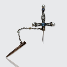 Load image into Gallery viewer, Victorian Sapphire, Diamond and Pearl Sword Jabot Pin