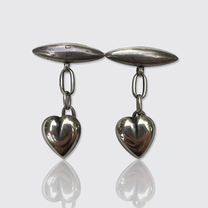 Victorian Silver Heart-Shaped Cufflinks in Box, 1887