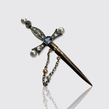 Load image into Gallery viewer, Victorian Sapphire, Diamond and Pearl Sword Jabot Pin