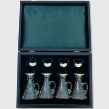 Load image into Gallery viewer, Set of Four Whiskey Noggin Jugs with Sterling Silver Fittings in Box, 1912