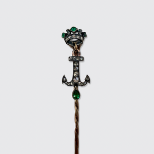 Antique Emerald & Diamond Crowned Anchor Stickpin in Box, René Bouvet