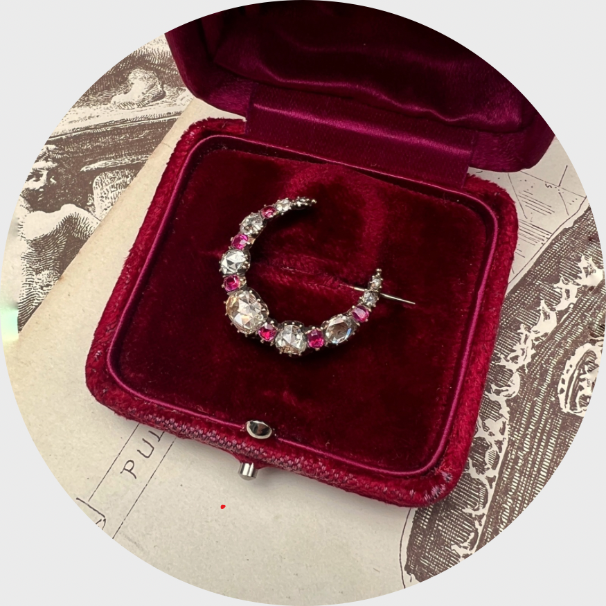 Victorian Crescent Moon Ruby & Diamond Brooch