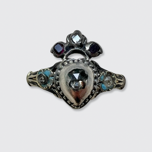Georgian Rose-Cut Diamond & Enamel Crowned Heart Ring