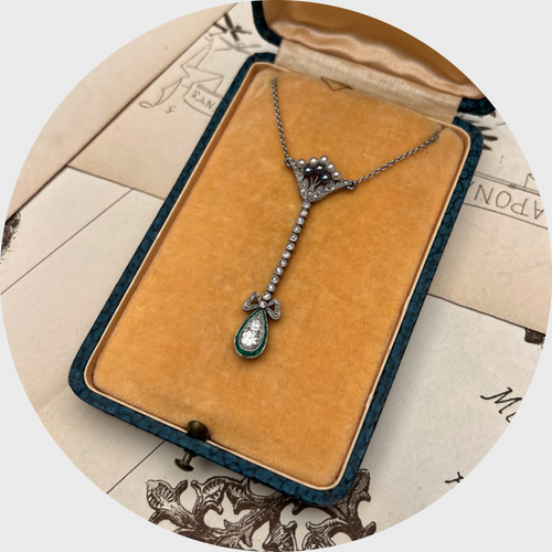 Art Deco Emerald, Diamond & Pearl Lavalier Necklace
