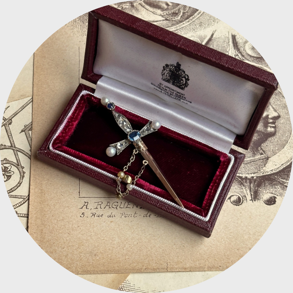 Victorian Sapphire, Diamond and Pearl Sword Jabot Pin