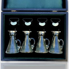 Load image into Gallery viewer, Set of Four Whiskey Noggin Jugs with Sterling Silver Fittings in Box, 1912