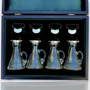 Set of Four Whiskey Noggin Jugs with Sterling Silver Fittings in Box, 1912