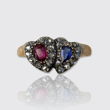 Load image into Gallery viewer, Antique Ruby, Sapphire &amp; Diamond Double Hearts Ring