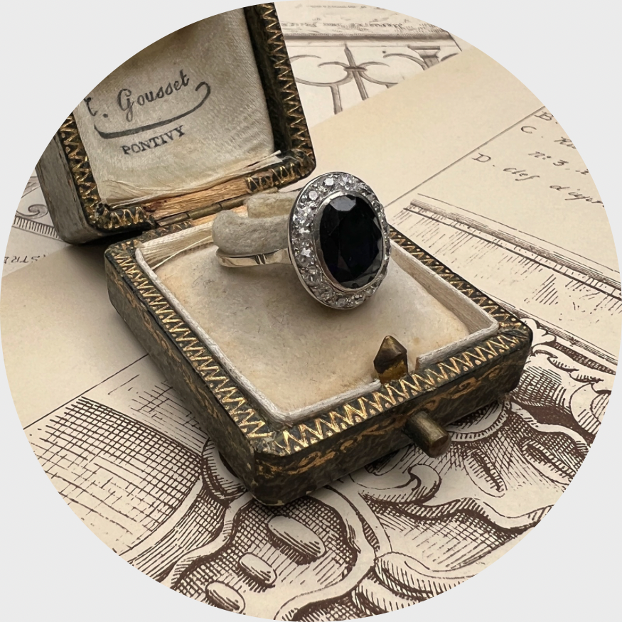 Platinum Art Deco Style Ring with Sapphire and Diamonds
