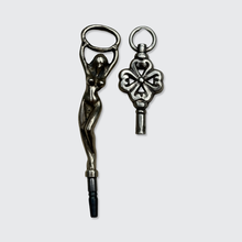Load image into Gallery viewer, Two Silver Watch Key Pendants, Flower and Lady