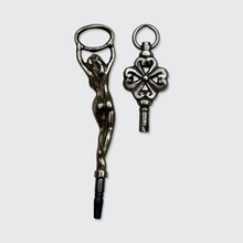 Load image into Gallery viewer, Two Silver Watch Key Pendants, Flower and Lady