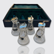 Load image into Gallery viewer, Set of Four Whiskey Noggin Jugs with Sterling Silver Fittings in Box, 1912