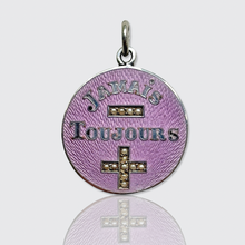Load image into Gallery viewer, Antique Silver Enameled 'Jamais Moins Toujours Plus' Rebus Pendant