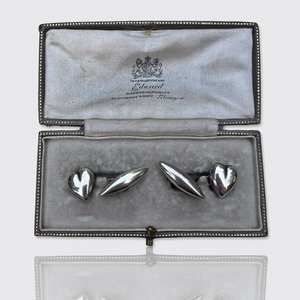 Victorian Silver Heart-Shaped Cufflinks in Box, 1887