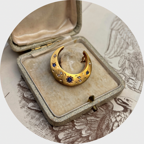 Victorian Crescent Moon Sapphire & Pearl Brooch