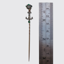 Load image into Gallery viewer, Antique Emerald &amp; Diamond Crowned Anchor Stickpin in Box, René Bouvet