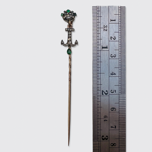 Antique Emerald & Diamond Crowned Anchor Stickpin in Box, René Bouvet