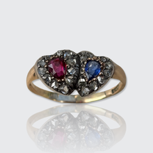 Load image into Gallery viewer, Antique Ruby, Sapphire &amp; Diamond Double Hearts Ring