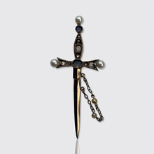 Load image into Gallery viewer, Victorian Sapphire, Diamond and Pearl Sword Jabot Pin