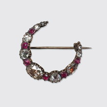 Load image into Gallery viewer, Victorian Crescent Moon Ruby &amp; Diamond Brooch
