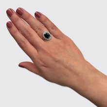 Load image into Gallery viewer, Platinum Art Deco Style Ring with Sapphire and Diamonds worn on a hand