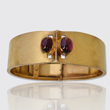 Load image into Gallery viewer, Retro 18k Gold &amp; Garnet Hinged Cuff Bangle