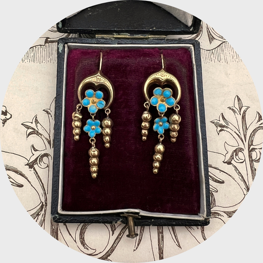 Victorian Blue Enamel Pansy Earrings