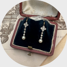 Load image into Gallery viewer, Small Diamond &amp; Pearl Clover Drop Earrings