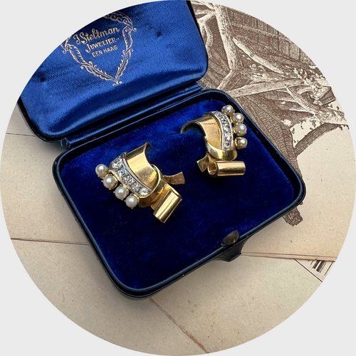 18k Gold Retro Pearl & Diamond Ear Clips