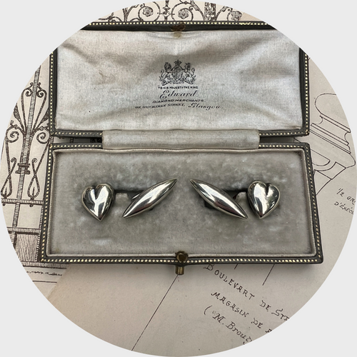 Victorian Silver Heart-Shaped Cufflinks in Box, 1887