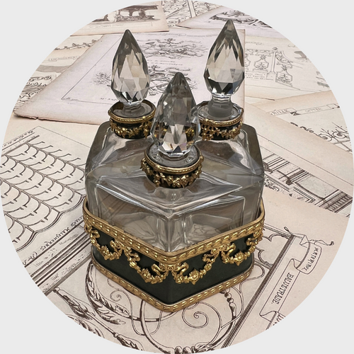 Antique French Perfume Bottles Set in Brass Holder