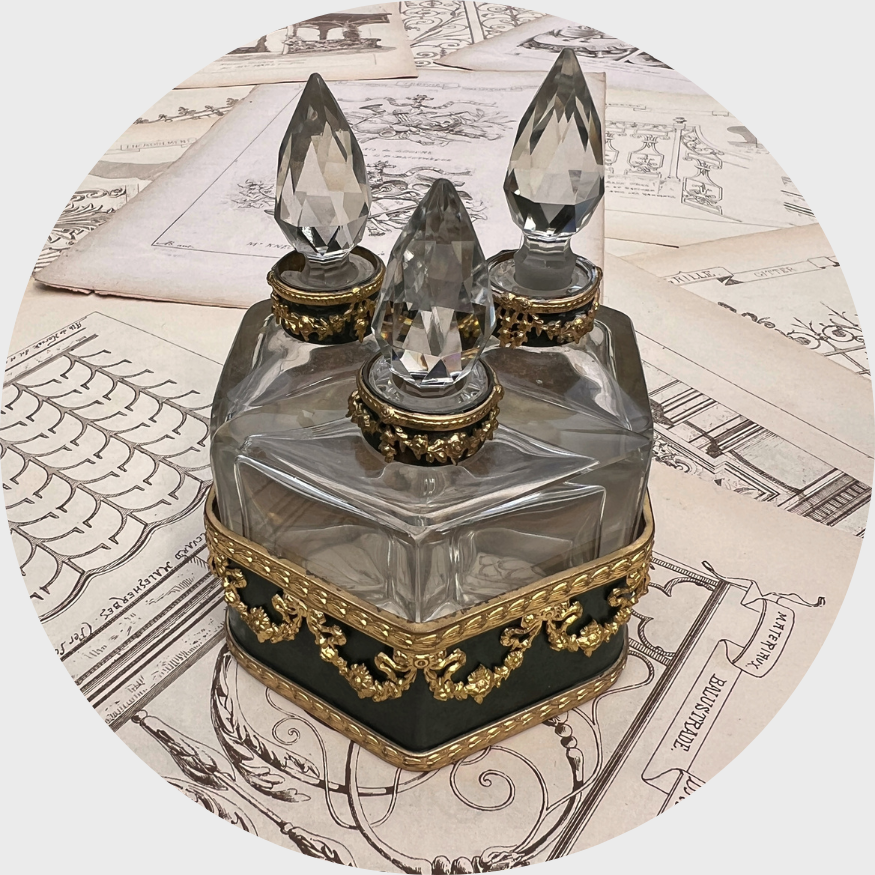 Antique French Perfume Bottles Set in Brass Holder