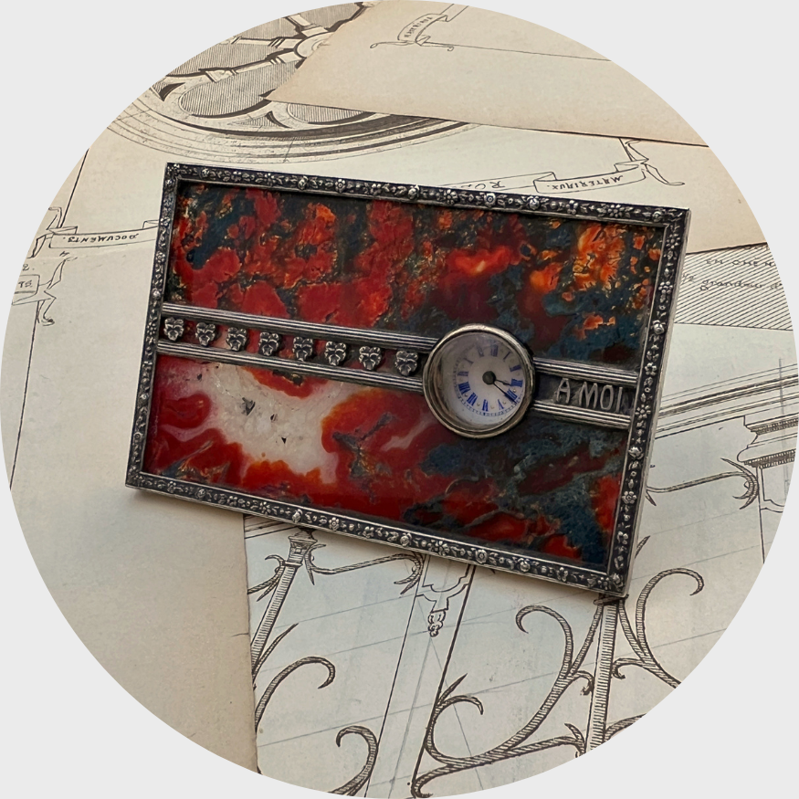 Antique Silver & Agate 'Pensee a Moi' Desk Clock