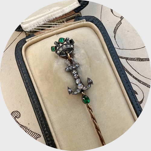 Antique Emerald & Diamond Crowned Anchor Stickpin in Box, René Bouvet