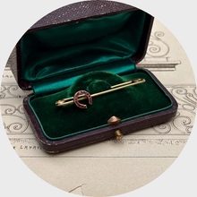 Load image into Gallery viewer, Art Deco Ruby Horseshoe Safety Pin Brooch