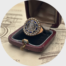 Load image into Gallery viewer, 18th Century Circular Enamel, Pearl &amp; Diamond Hairwork Ring