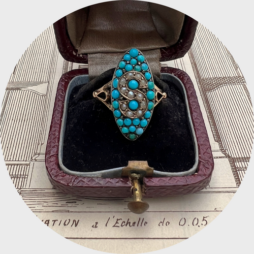 Turquoise & Pearl Marquise Initial 'S' Ring