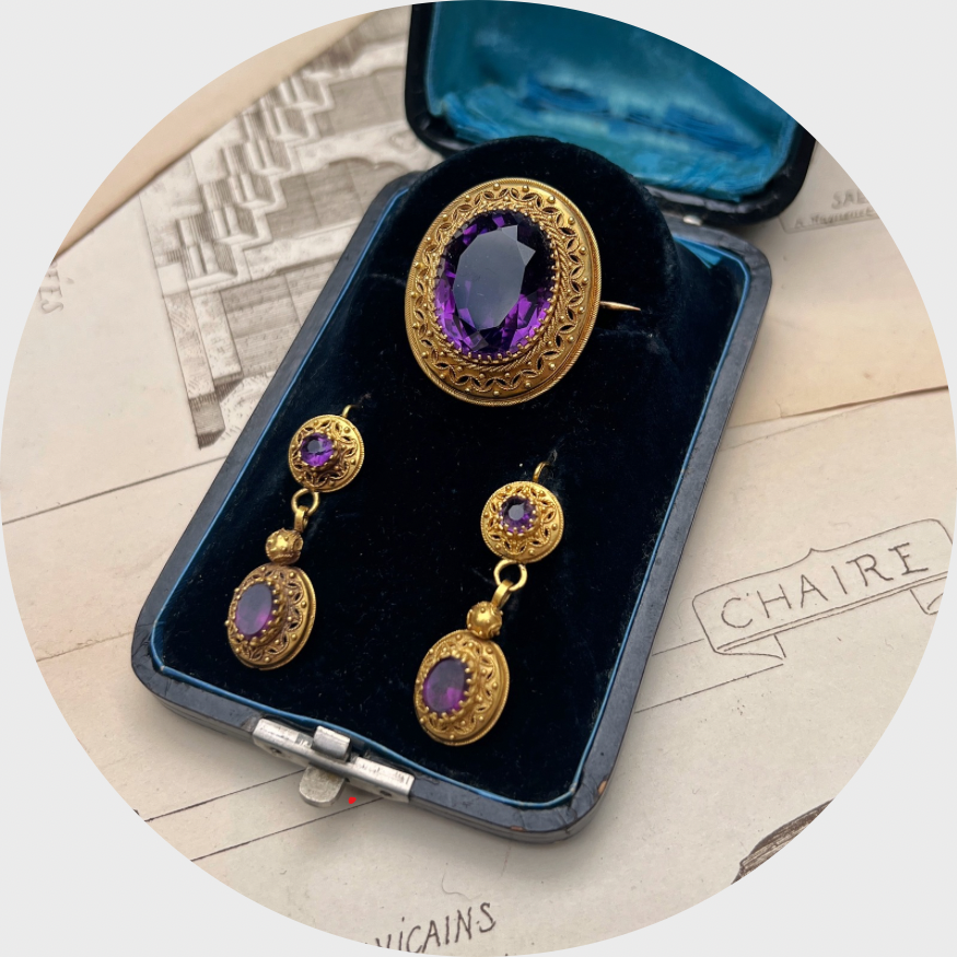 Victorian Amethyst Demi Parure in Fitted Box