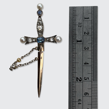 Load image into Gallery viewer, Victorian Sapphire, Diamond and Pearl Sword Jabot Pin