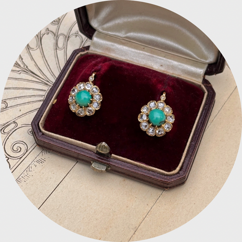 Victorian Turquoise & Diamond Cluster Earrings