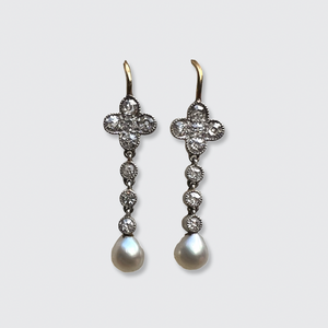 Small Diamond & Pearl Clover Drop Earrings
