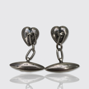 Victorian Silver Heart-Shaped Cufflinks in Box, 1887